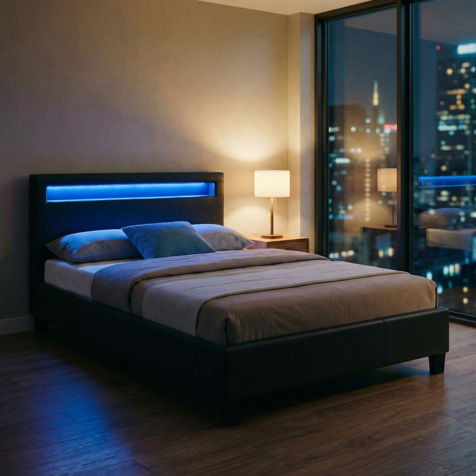 CARO-Möbel Polsterbett MIRASOL 120x200 cm, Schwarz - Einzelbett mit LED Beleuchtung im Kopfteil, inkl. Fernbedienung, Jugendbett aus Kunstleder mit Lattenrost