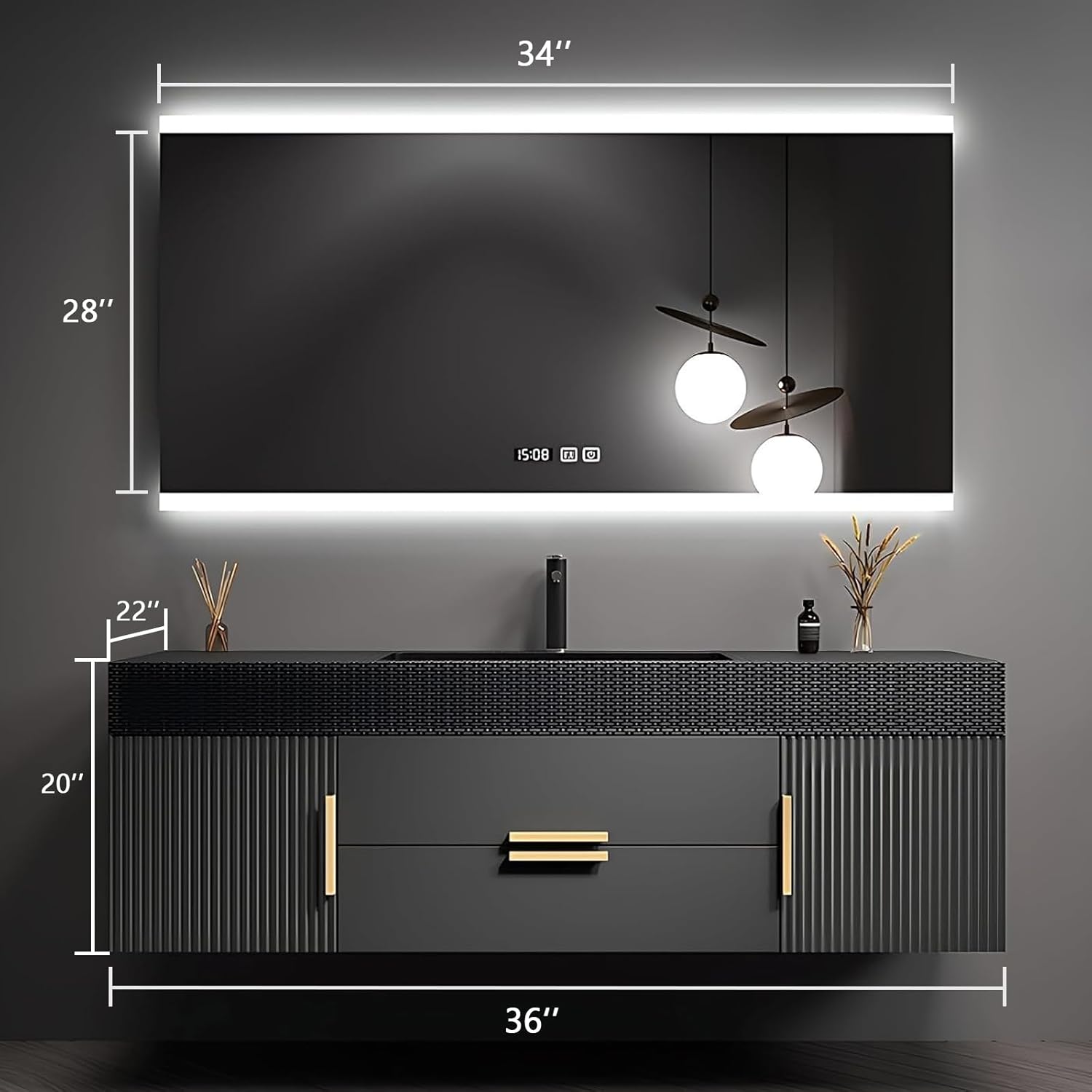 36" Bathroom Vanity with Single Sink, Floating Bathroom Vanities with LED Smart Defogging Mirror & Sink Cabinet, Modern Bathroom Vanity Includes Countertop & Integrated Sink & Faucet Fittings ( Black)