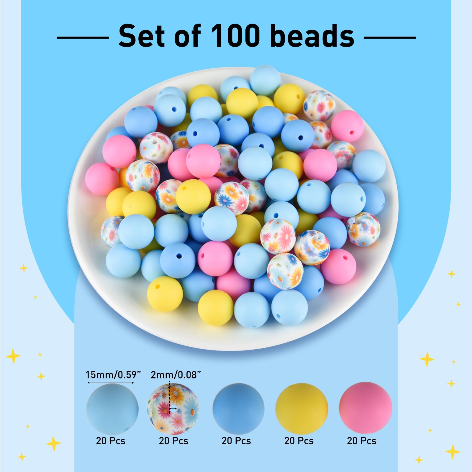 ASTARON 100 Pcs 15mm Silicone Beads for Keychain Making,Yellow Pink Blue Round Beads for Bracelets Crafts Beadable Pens Decorations Jewelry Making Party Favors Supplies - Image 2