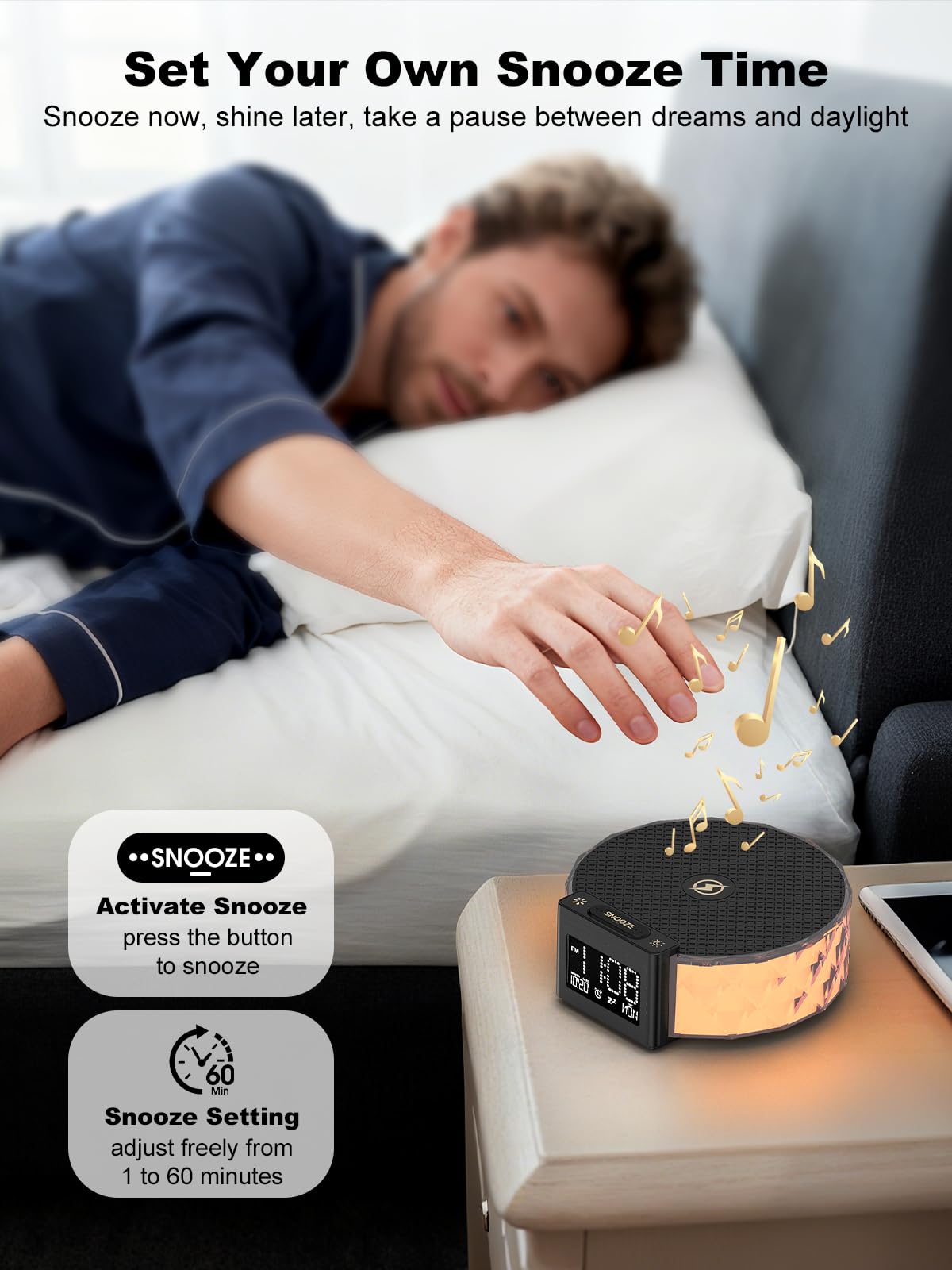 Smiling Shark Lampada Sveglia, Intelligente Sveglia Luce Ricarica Wireless con Timer Snooze Controllo Touch 3 Luminosità e Effetto RGB Wake Up Light Alarm Clock Charger per Comodino