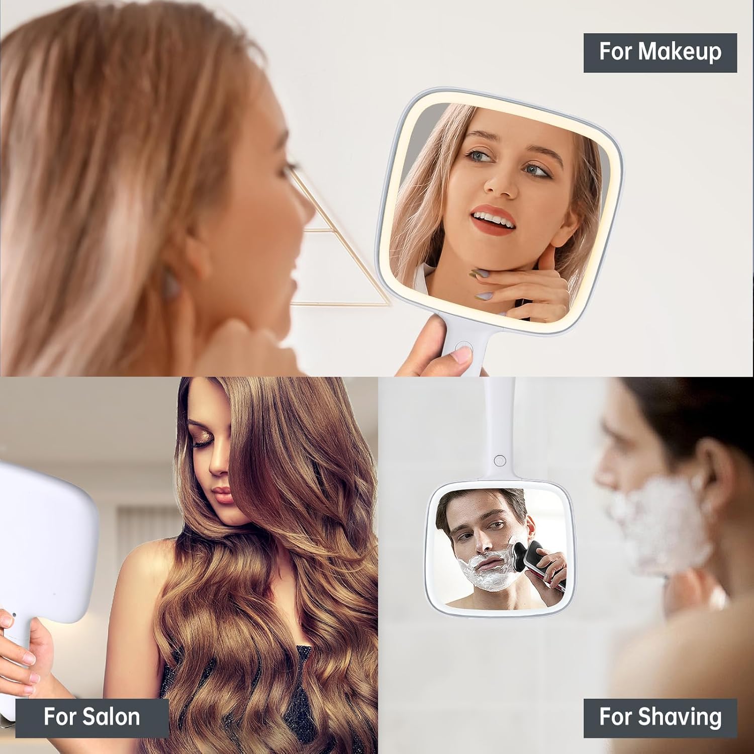 Hand Mirror with 3 Light Color & Dimmable, 6.2'' X 5.9'' Lighted Handheld Mirror, Lightweight & Durable, Portable Compact Travel Mirror for Makeup, Hair Styling, Shaving, Battery Operated