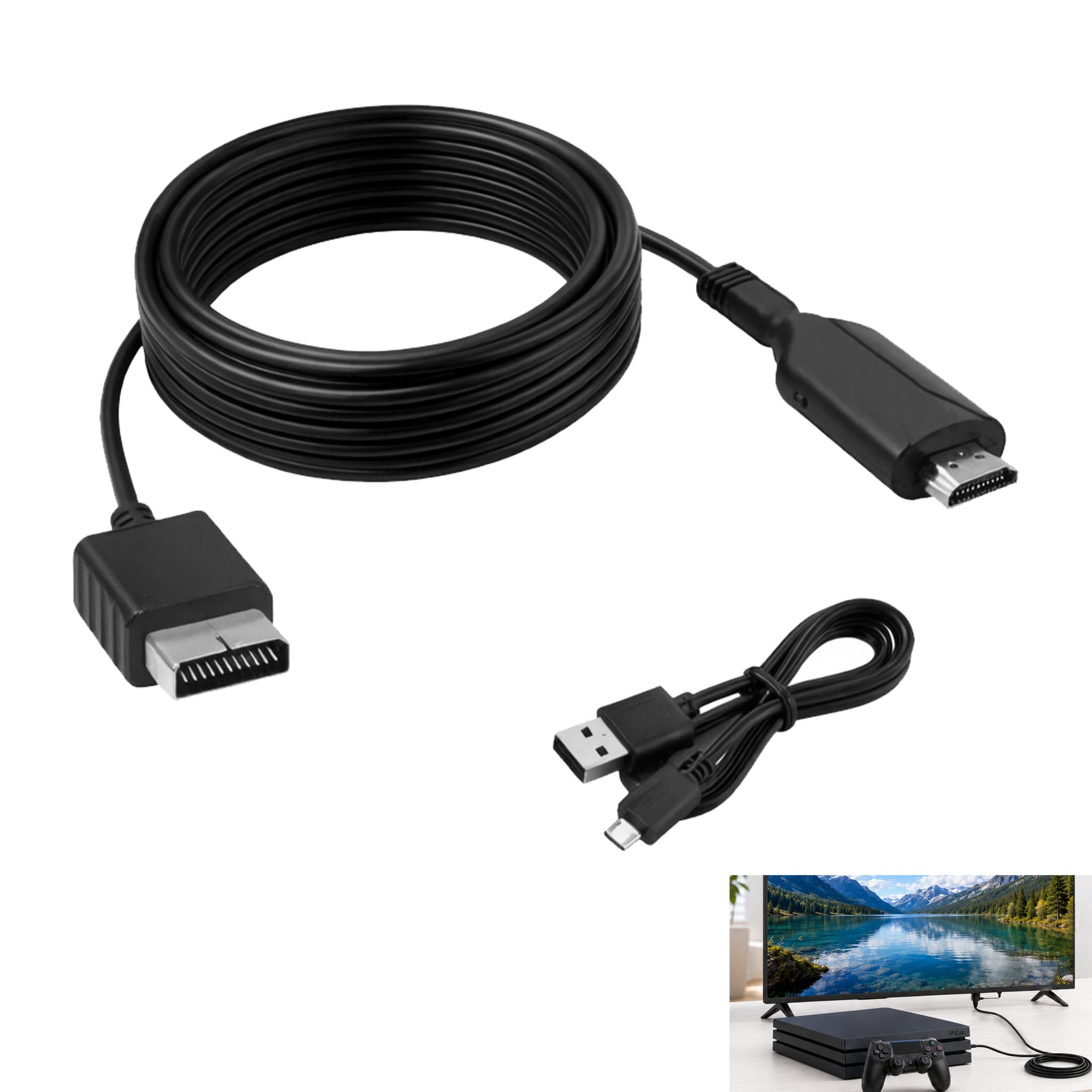 PS1 PS2 auf HDMI Adapter, AV-Kabel für PS2 auf HDMI 1080P 720P, Konverter Audio Video HD mit 150 cm Kabel, kompatibel mit PS1 PS2 Slim FAT, HDMI-Adapter, Projektor und moderner Bildschirm