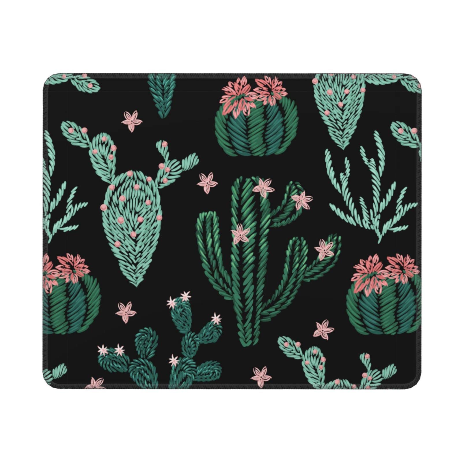 Cute Cactus Mouse Pad with Stitched Edge Plant-Themed 12" × 10" Black Mouse Mat Waterproof Non-Slip Rubber Base Rectangle Mousepad for Laptop Computer PC Gaming Office Desk
