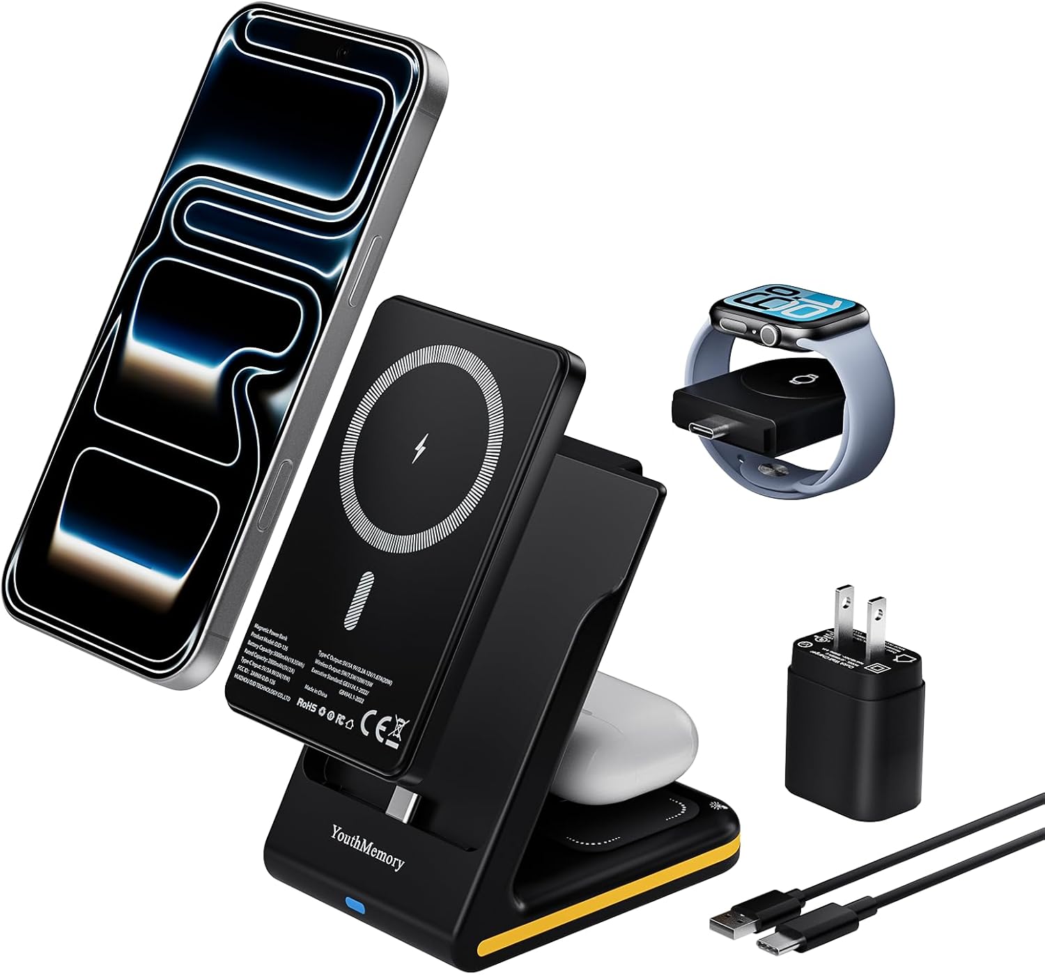 Cargador inalámbrico 5 en 1 estación de carga magnética con banco de energía portátil para múltiples dispositivos AppleSamsung para Apple Watch