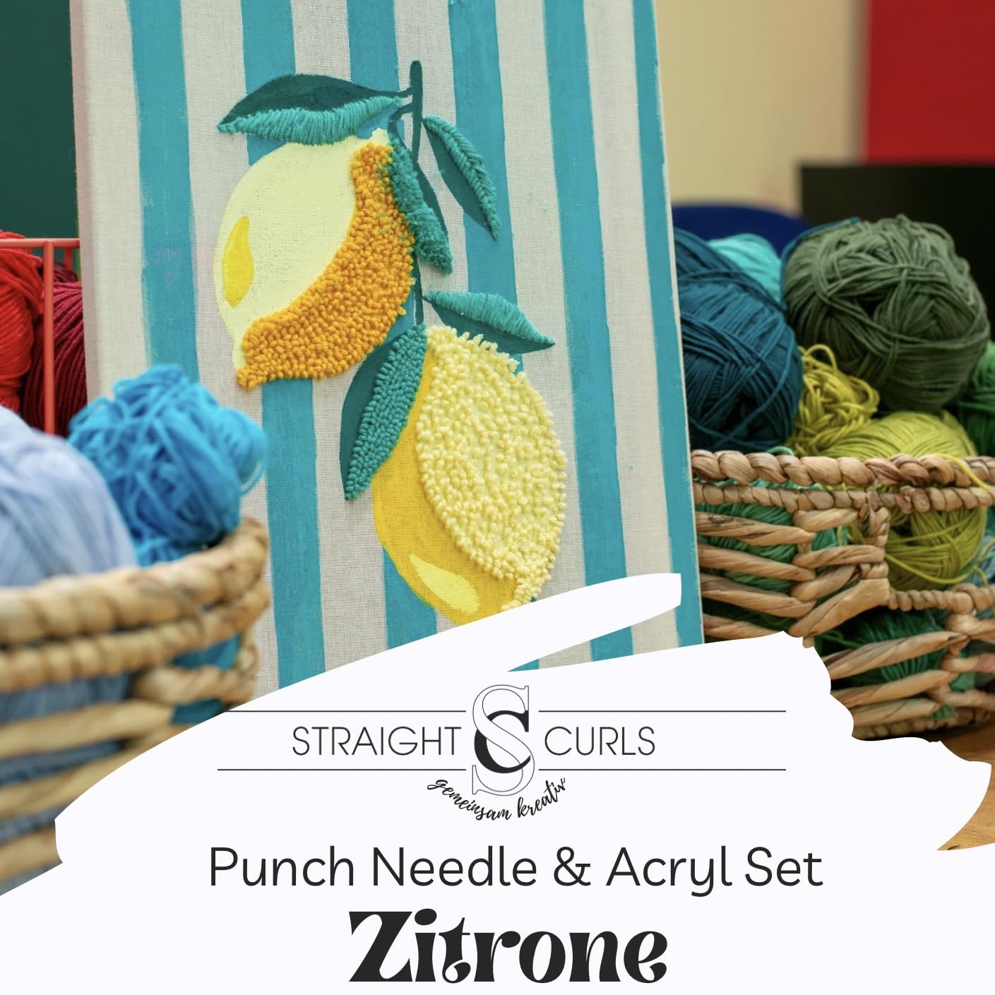Punch Needle & Acryl Starterset „Zitrone“ – modernes DIY Kreativset für Erwachsene & Anfänger | inkl. Garn, edding Acrylstifte, Keilrahmen 40×30 cm & gedruckter Schritt für Schritt Anleitung
