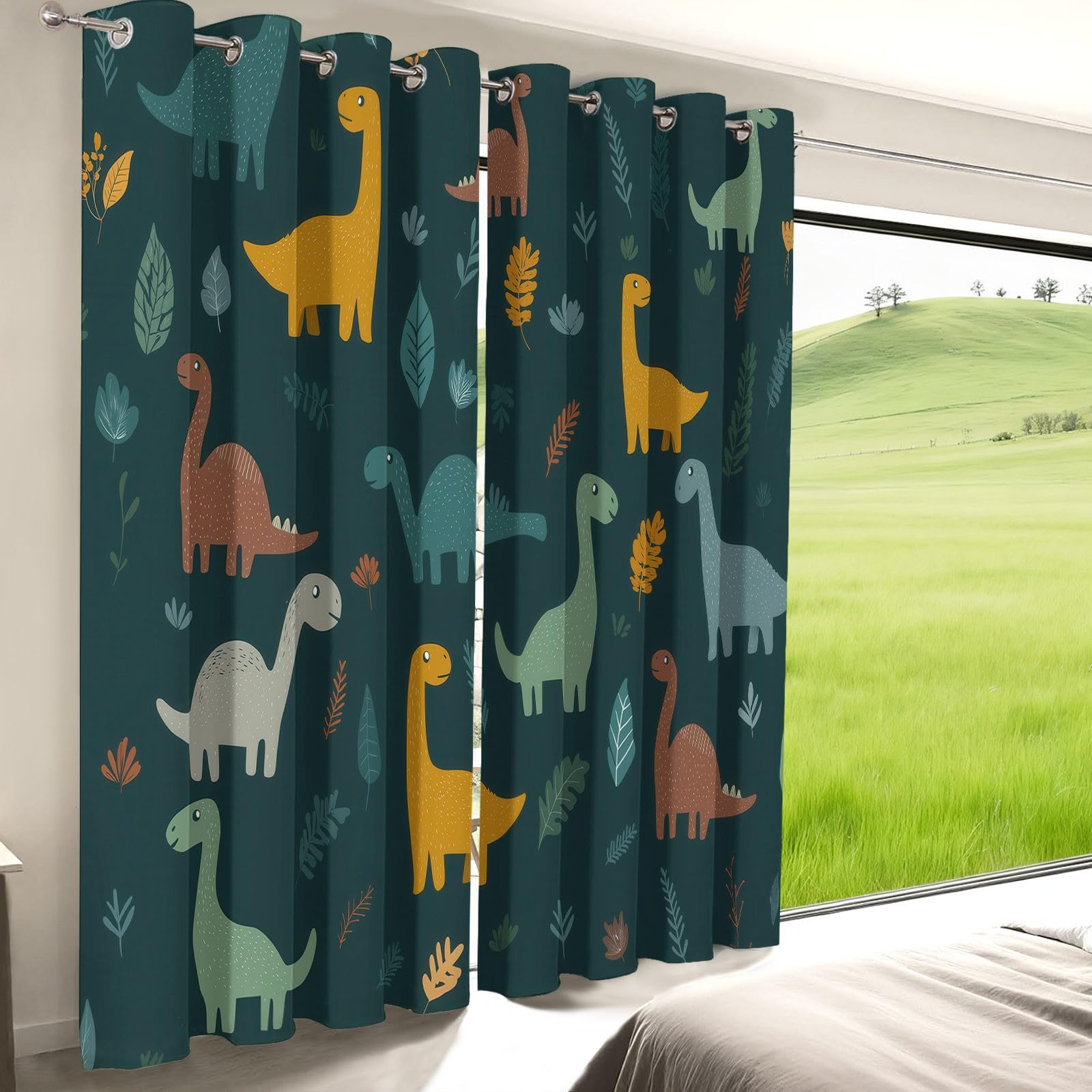 Générique Rideaux Occultant Isolant Thermique Anti Froid, Lot De 2 Rideaux 140L X 180H cm Protection UV Rideau Cyan Foncé Dessin Animé Enfantin Animaux Dinosaures pour Salon et Chambre
