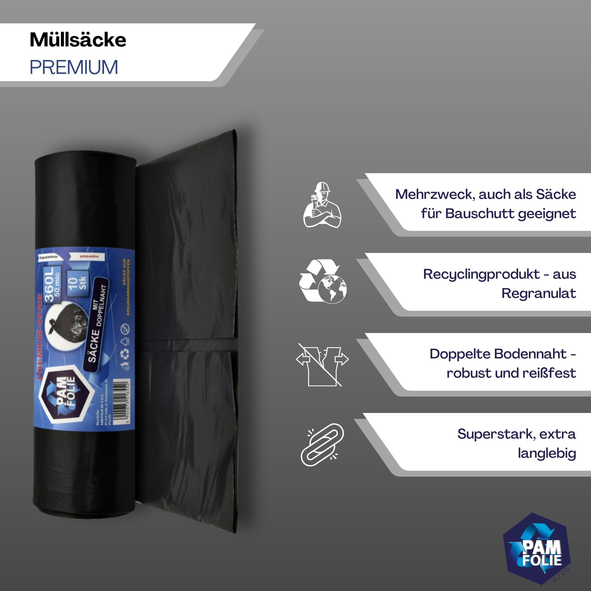 Müllsäcke 360L - 30 Stück - Set - XXL Große, Extra Stark, Dicke Abfallsäcke, Premium - 120x150cm - 50µm - schwarzer Müllbeutel - Bauschuttsäcke -Säcke für Bauschutt Abfalls, Styropor