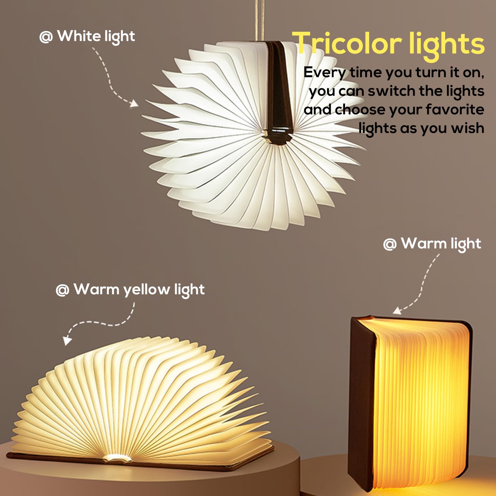 Lampada da libro pieghevole in legno, lampada da libro pieghevole a 360°, lampada da libro in legno con 3 colori, pieghevole Magnetiche per libri USB, ricaricabile a batteria, per camera da letto e