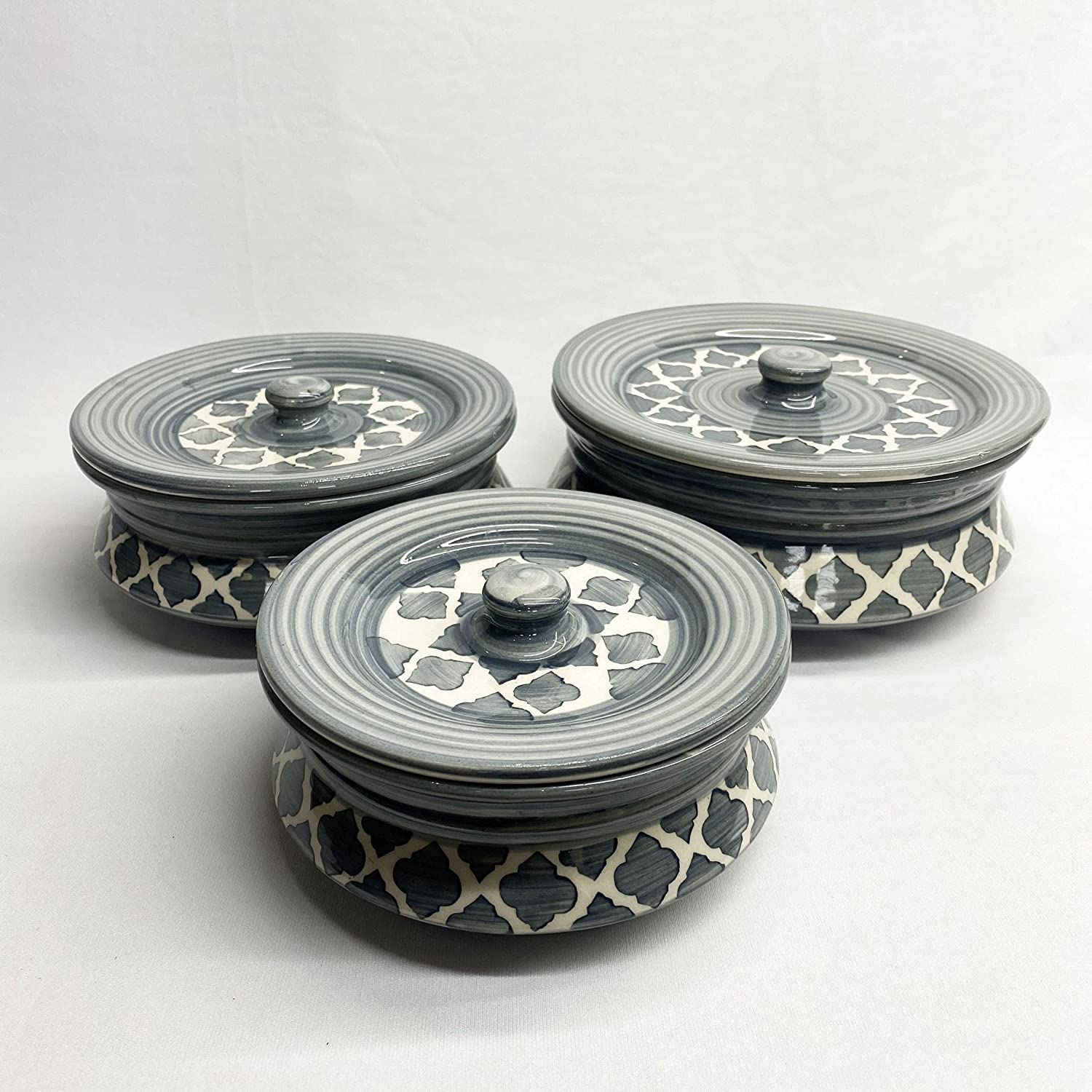 Buy FLIPBOAT Ceramic Handi Set with lid HandPainted Grey Color