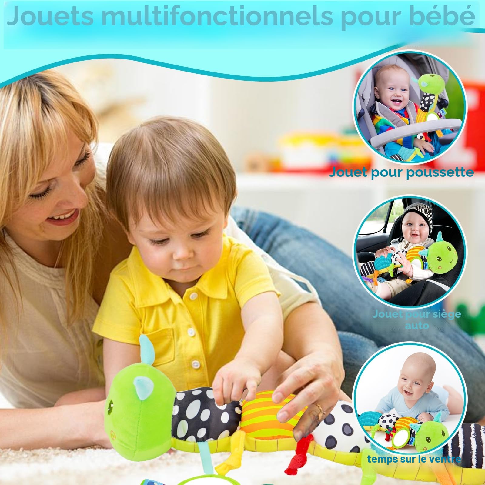 Jouet Bebe 0 3 6 Mois Jouet Peluche Chenille Musicale, Jouet Sensoriels Montessori, Jeux Eveil Bebe 0-3 3-6 Mois avec Hochet Miroir Bebe, Cadeau Naissance Garcon Fille 0-6 Mois