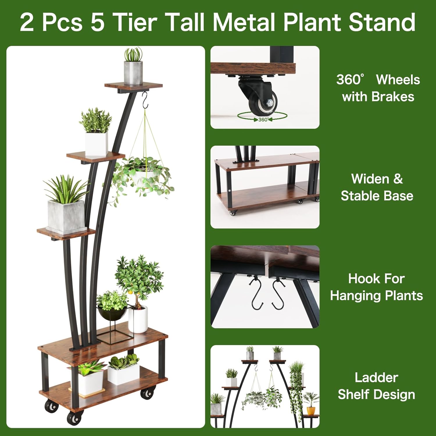 5-Tiered Tall Plant Stand Indoor, Cone-shaped Metal Plant Stand with Wheels and Hanging Hooks, Farmhouse Wood Plant Shelf Indoor for Living Room, Balcony, Garden, Rustic Brown (2 Pack)