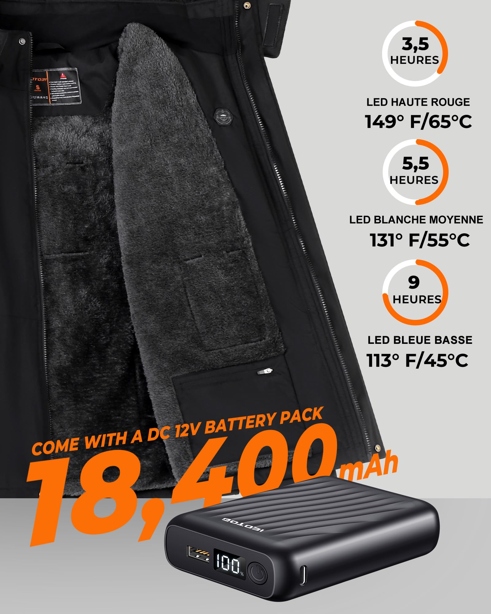 Veste Chauffante Homme Avec Batterie 18400 mah 12V，Manteau Hiver Chaud Doublure en Polaire, 8 Zones de Chauffante Avec 3 TempéRatures Thermique Veste Parka Vent Coat avec Capuche Amovible