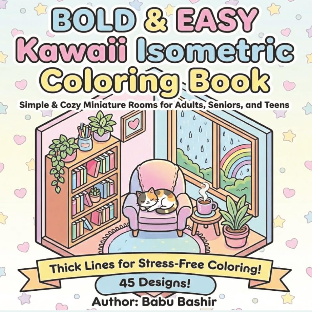 Bold & Easy Kawaii Isometric Coloring Book: Simple & Cozy Miniature Rooms for Adults, Seniors, and Teens – Thick Lines for Stress-Free Coloring