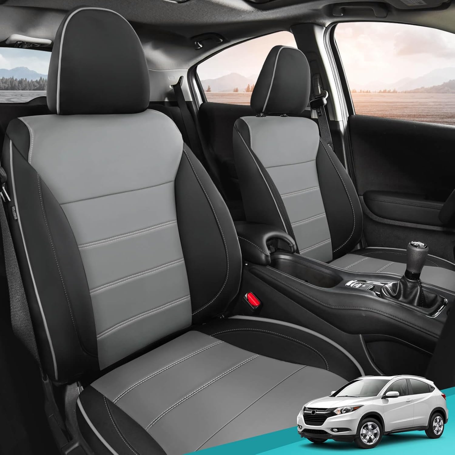 HRV Seat Covers for Honda HRV EX,EX-L 2016 2017 2018 & LX 2016-2020 2021 2022, Leather Car Seat Cover Full Set Waterproof - BlackGrey