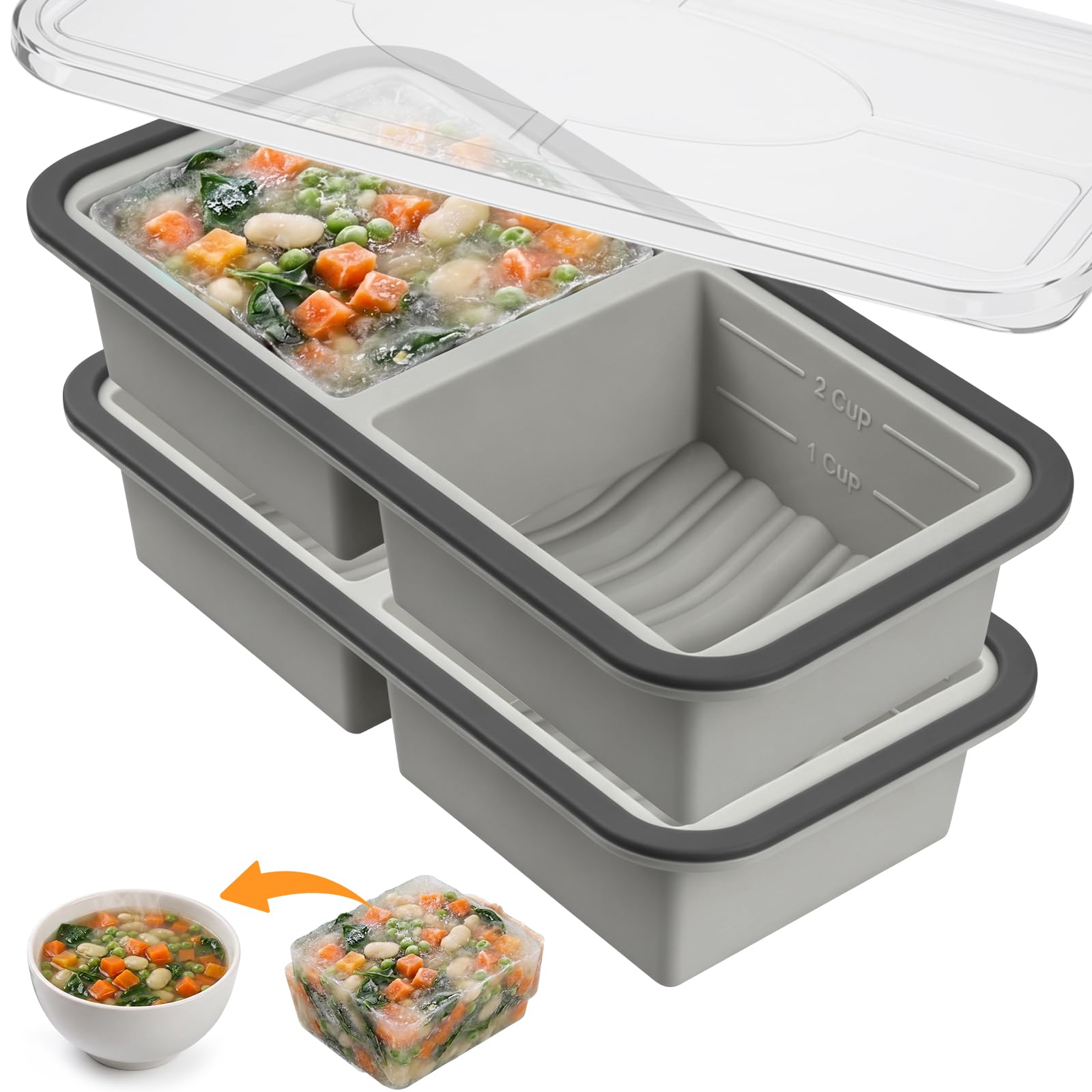OSDUE 2 Pack Silicone Soup Freezer Containers, Large Ice Cube Tray with Lid