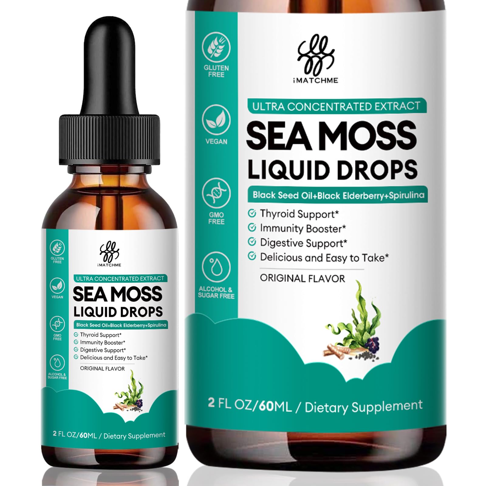 Sea Moss Liquid Drops for Immune System, Gut, Skin & Energy, Irish Sea Moss with Black Seed Oil, Spirulina, Black Elderberry, Burdock Root, Bladderwrack, Original Flavor, 2 Fl Oz