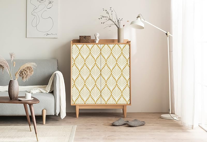 myforHD Öntapadós Tapéta Arany Legyező Mintával - Modern PVC Bútorfólia 44 cm x 600 cm - Vízálló Vinyl Dekorációs Film Fiókokhoz, Polcokhoz