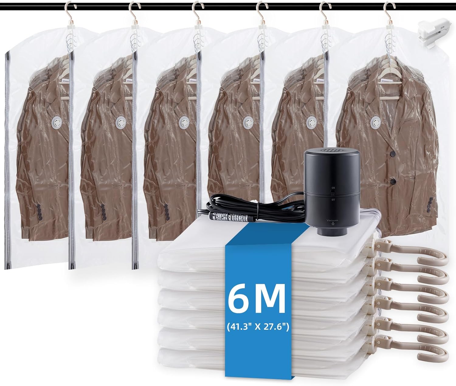 TAILI Hanging Vacuum Storage Bags with Electric Pump, Vacuum Seal Bags for Clothing Travel, Space Saver Closet Organizer for Clothes, Coats, Suits and Jackets, 6 Short(41.3x27.6 in)