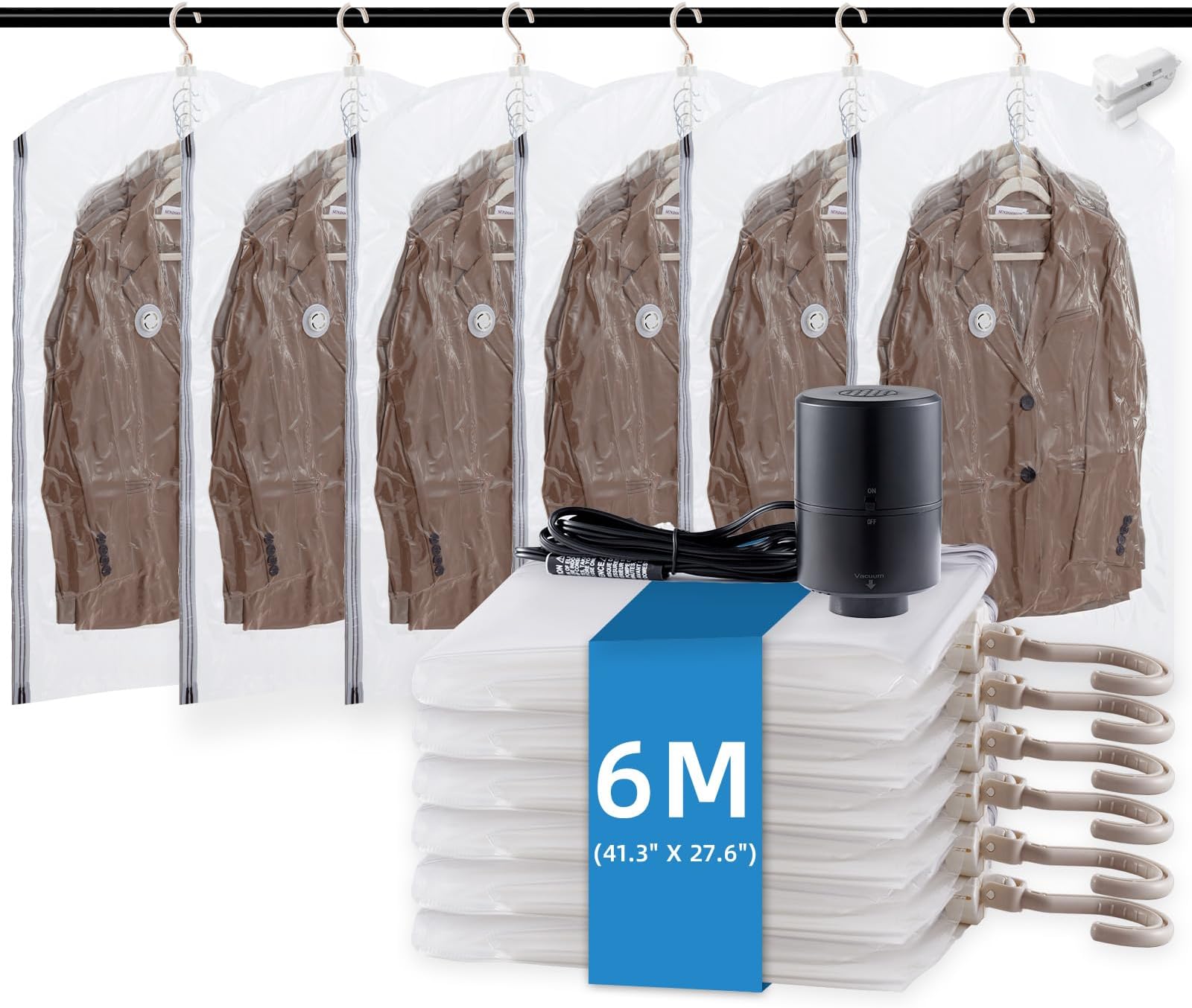 TAILI Hanging Vacuum Storage Bags with Electric Pump, Vacuum Seal Bags for Clothing Travel, Space Saver Closet Organizer for Clothes, Coats, Suits and Jackets, 6 Short(41.3x27.6 in)