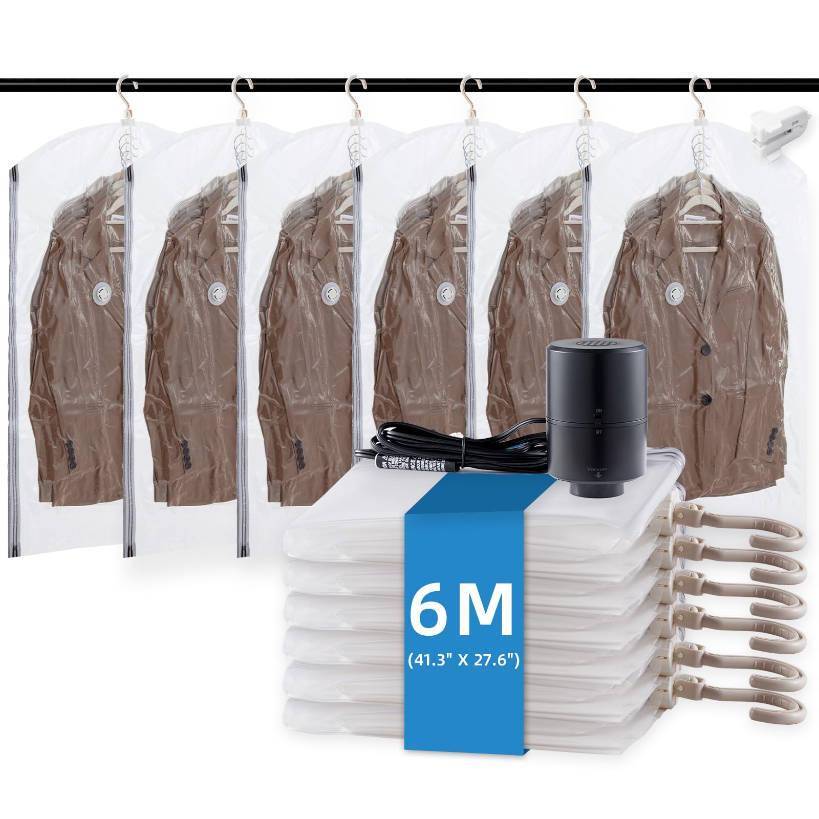 TAILI Hanging Vacuum Storage Bags with Electric Pump, Vacuum Seal Bags for Clothing Travel, Space Saver Closet Organizer for Clothes, Coats, Suits and Jackets, 6 Short(41.3x27.6 in)