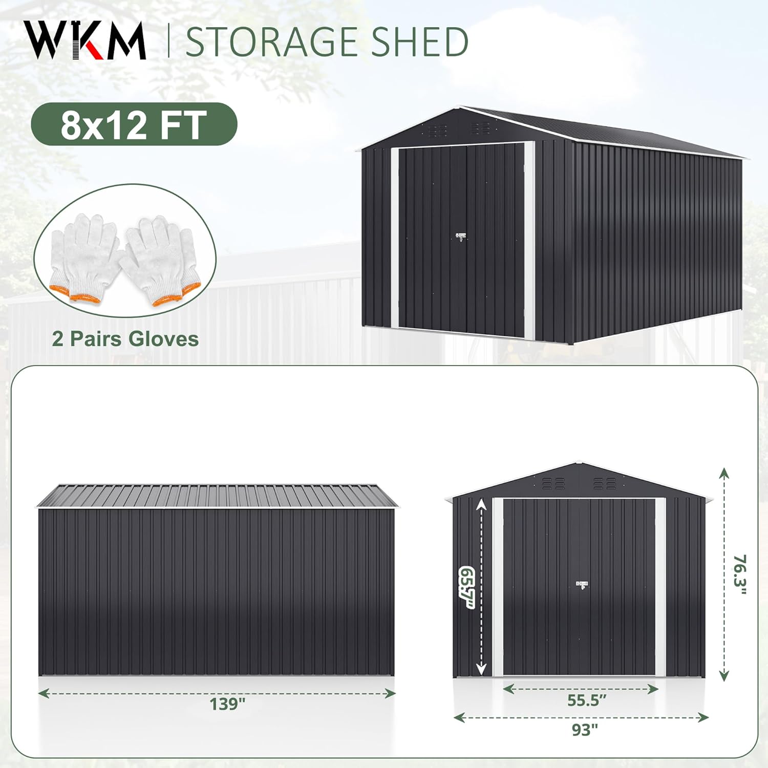 Diagram showing the dimensions of the WKM 8X12 FT Outdoor Storage Shed.
