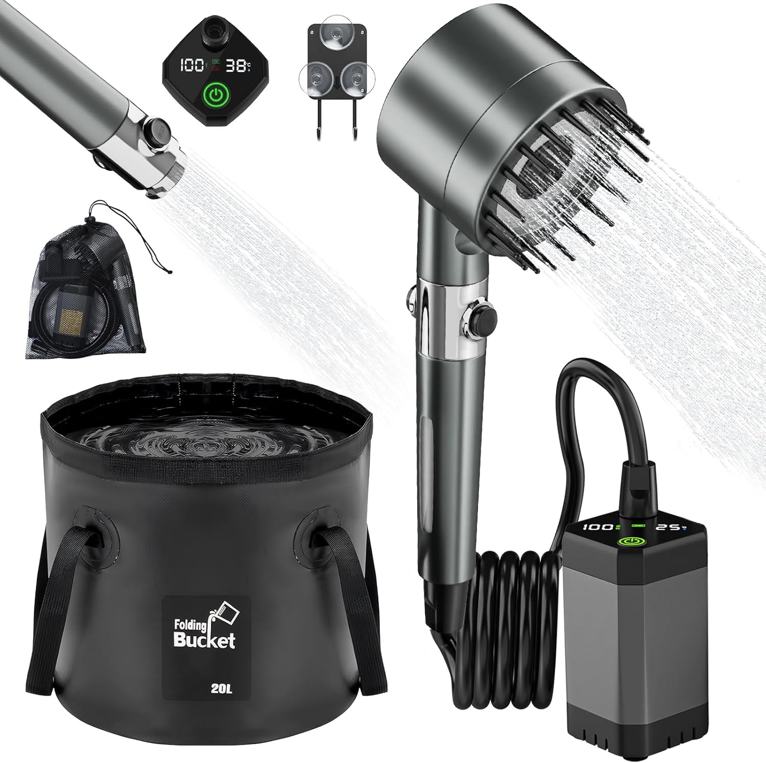 omzer Portable Shower for Camping 6000mAh Rechargeable Shower Pump with Intelligent LED Display-Outdoor Shower Head IPX7 Waterproof for Hiking, Travel, Car, Pet, Beach