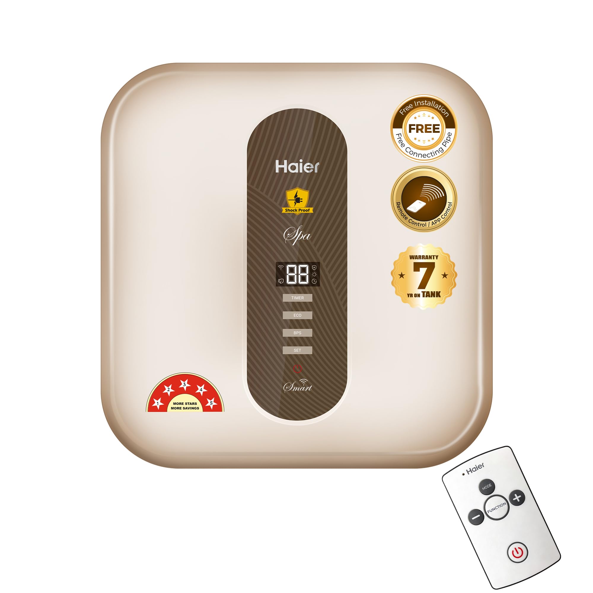 haier (es15v-sd wifi) 15 litres vertical 5 star storage shock proof smart wi-fi water heater (geyser) with intelligent bacteria proof system technology, backed with 7-year warranty by haier, (gold)