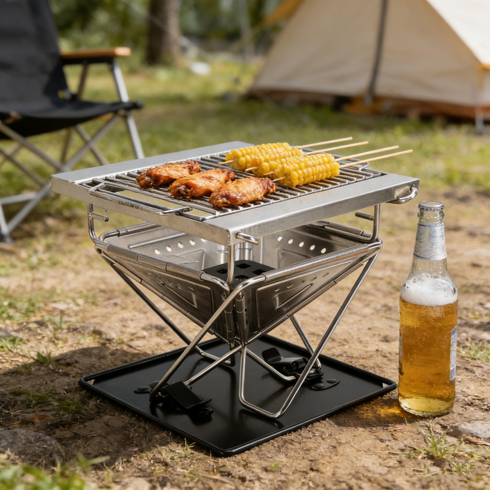 Asixxsix Składany grill turystyczny, wykonany ze stali nierdzewnej, z 3 stopniową regulacją wysokości, torbą do przechowywania, przenośny grill stołowy idealny na kemping, piknik