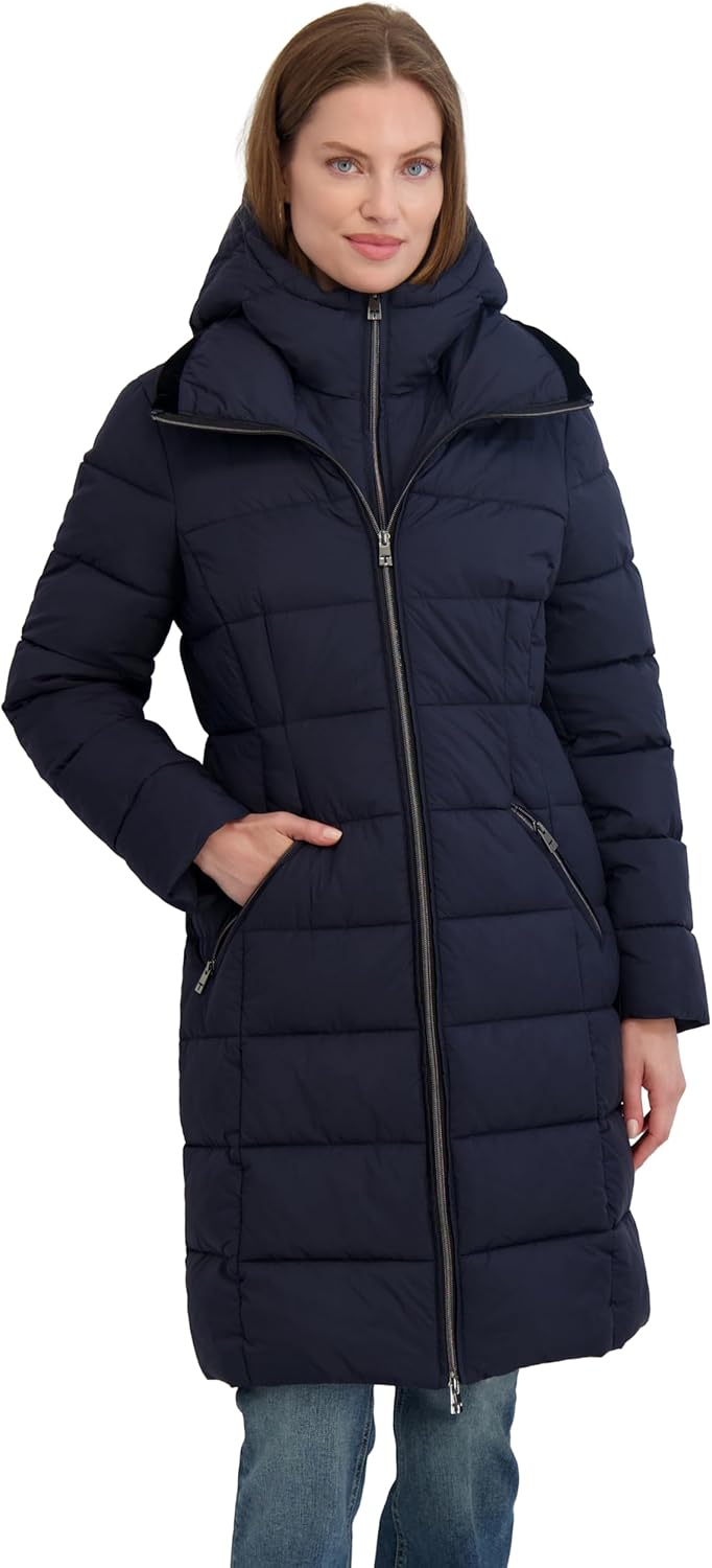 TAHARI Women's Slim Quilted Puffer Coat with Attached Hood, Velvet Bib Insert & Zipper Closure, Navy, Large