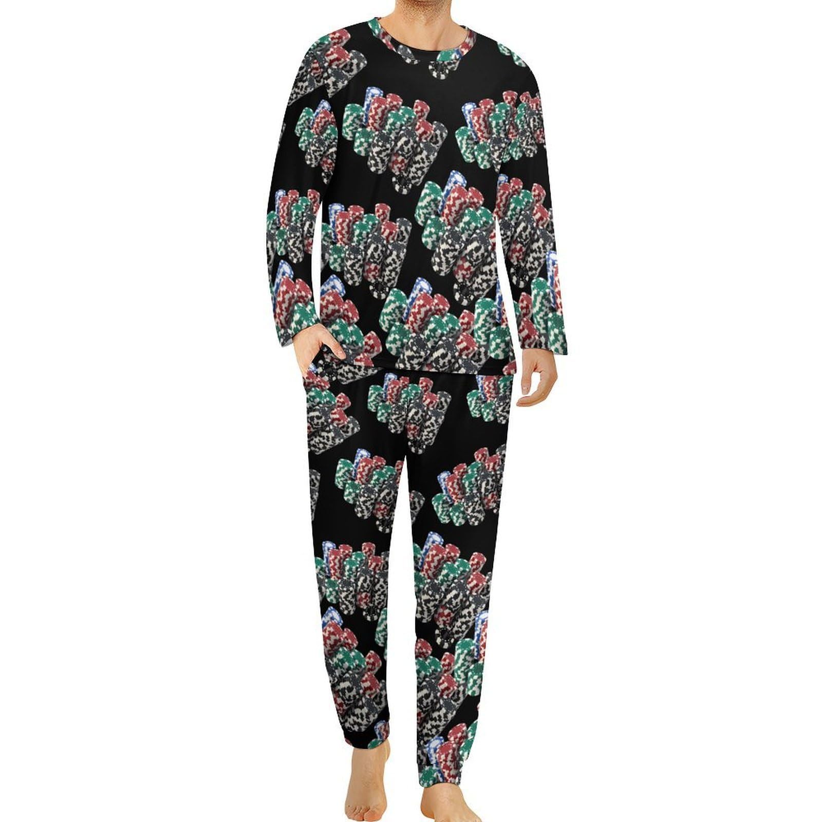 Casino Poker Chips Herren-Pyjama-Set, Rundhalsausschnitt, Loungewear, lange Pyjamahose, Pullover, Nachtwäsche, 2-teilig