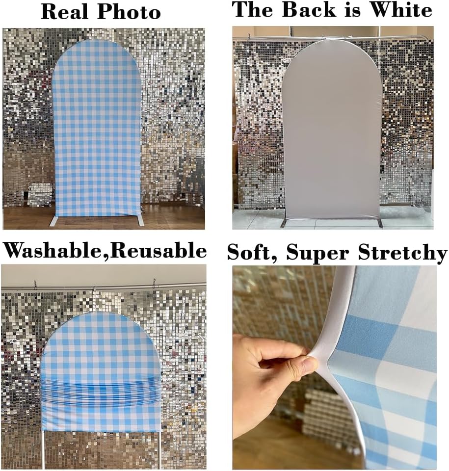 KONPON Blue and White Plaid Arch Stretchy Fabric Covers for Groovy Parties Daisy Theme Arched Stand Cover Birthday Baby Shower Favors Props(Only Cover)