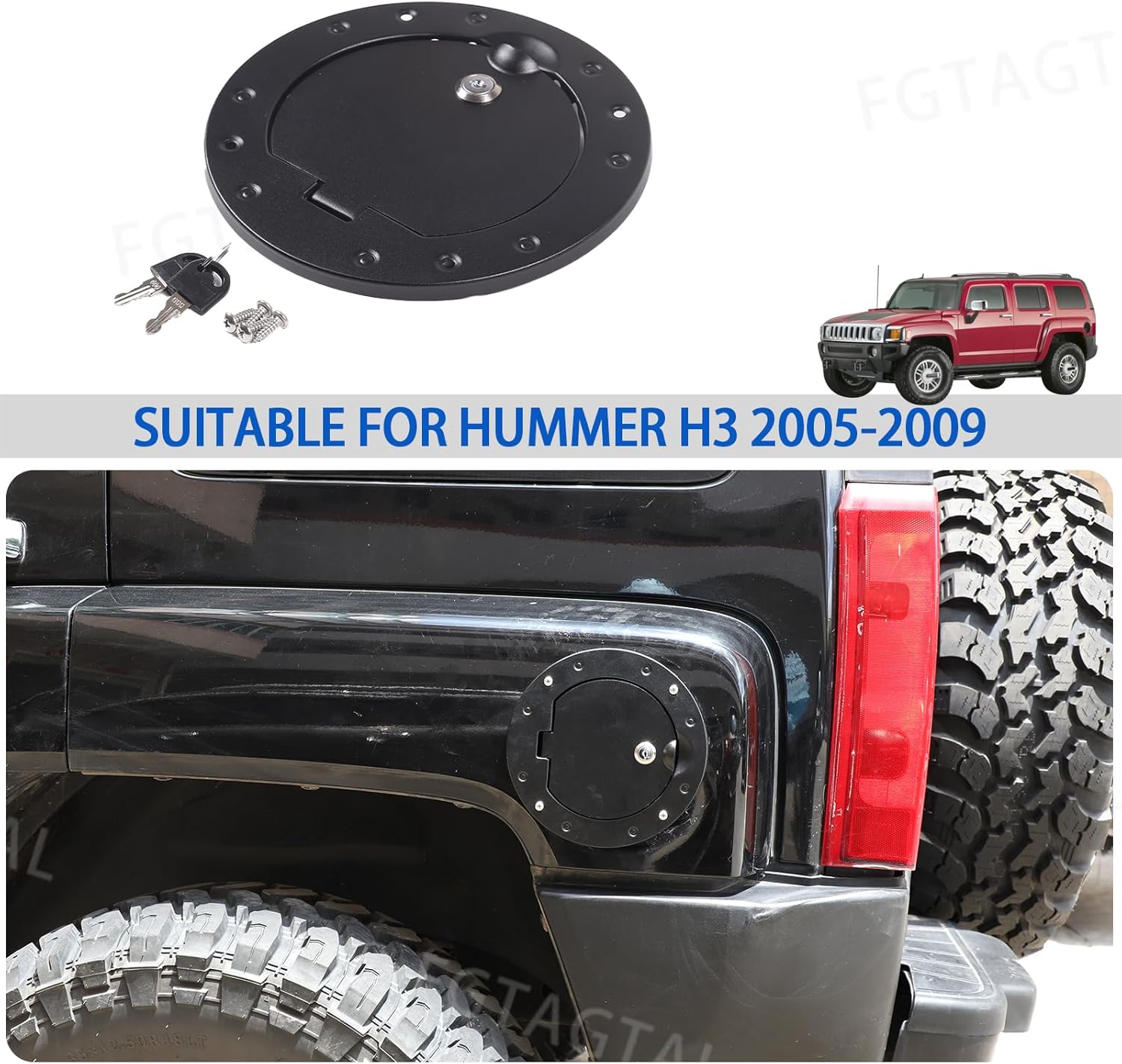 Fuel Door Locking Gas Tank Cap Cover Compatible with Hummer H3 2005-2009, Aluminum Gas Cap Fuel Filler Door Cover, Gas Tank Doors Trim Accessories