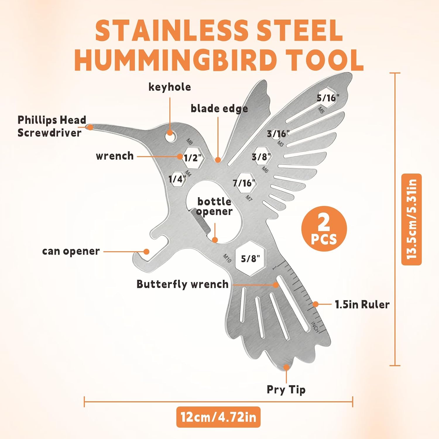 2 Pcs Hummingbird Multitool Carabiner, Military-Grade Stainless Steel, Survival Keychain Clip w/Bottle Opener for Outdoor Camping Hiking EDC Gear - Gifts for Men Dad Father’s Day