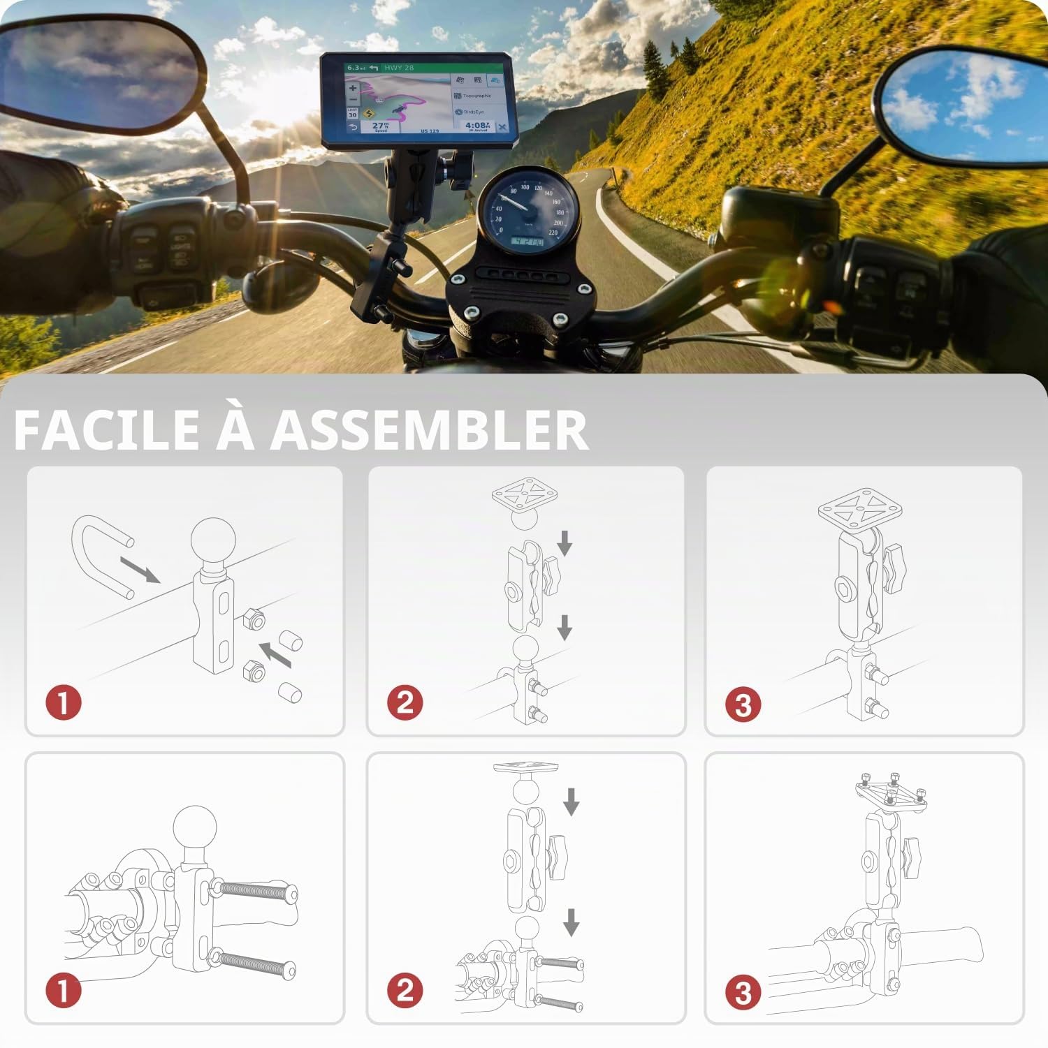 TUSITA Moto GPS Support Guidon Réservoir Embrayage Frein Compatible avec Garmin Montana, Zumo XT GPS - Bras Double Emboîtement - B Taille Moyen
