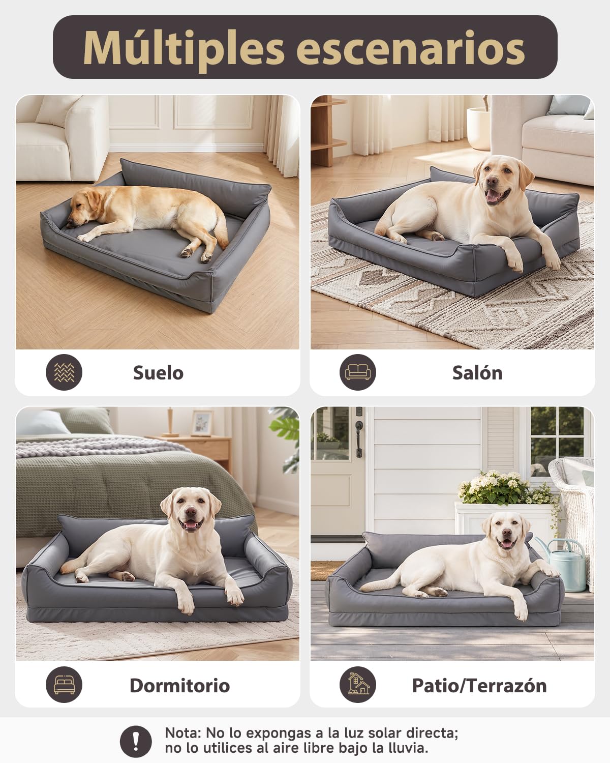 Ortopédica Cama Perro Medianos, Sofá Perro de Cuero Sintético Impermeable | 91x68 cm,4 bordes elevados,Cama para Perros Desenfundable y Lavable, Colchon Perro Antideslizante, Gris