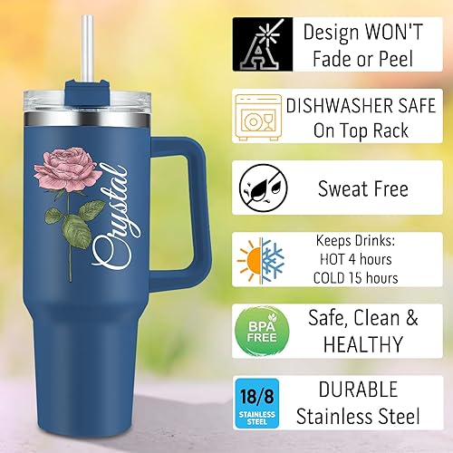 Miniatura 4 de Vaso personalizado con asa de 40 onzas con texto personalizado con tapa con pajilla, vasos aislados de acero inoxidable personalizados, regalo para