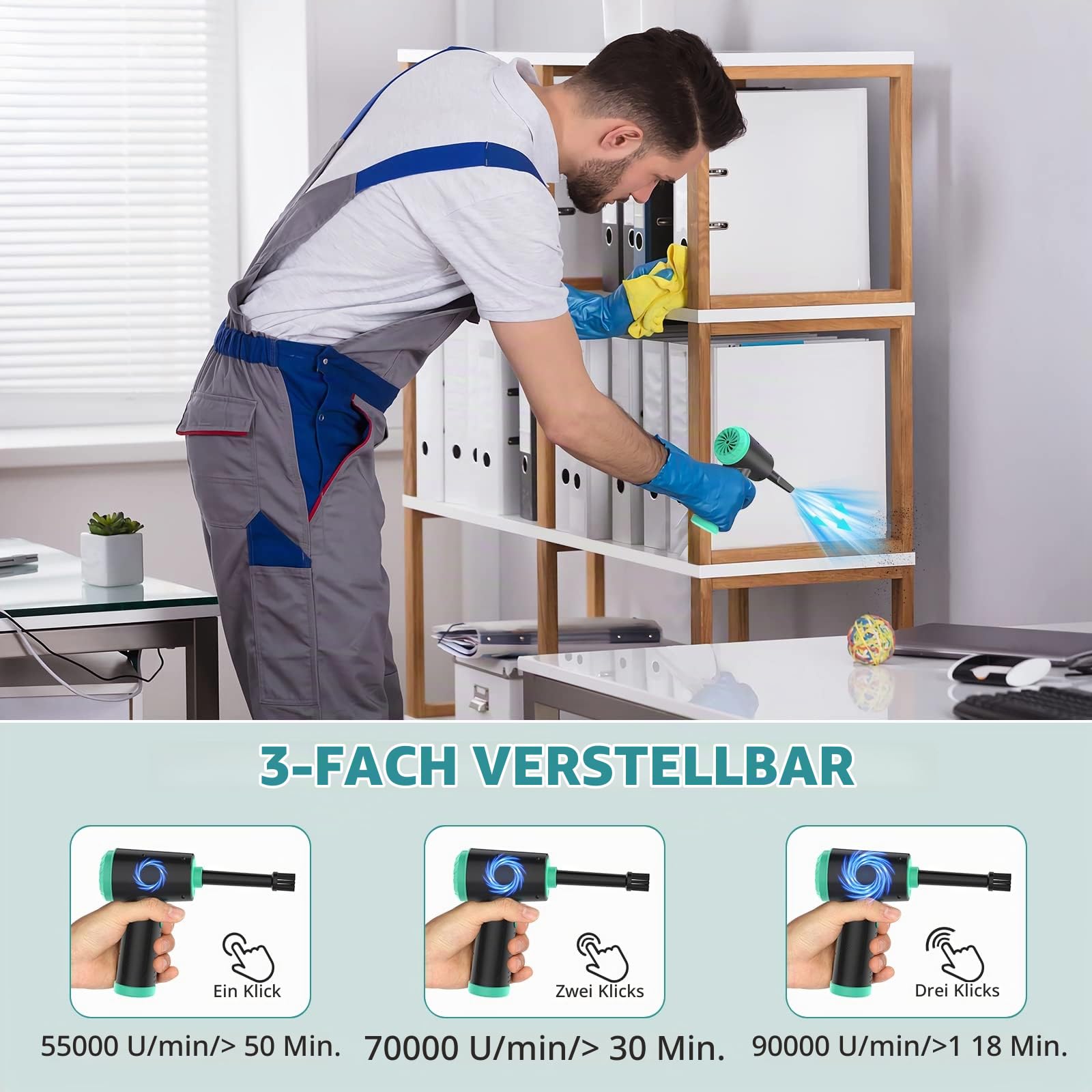 2-in-1 Elektrischer Staubgebläse und Mini-Staubsauger, 90.000RPM PC Reinigung, 12Kpa Kabelloser Tastatur Reiniger, 3-Gang Air Duster, 90W, 7000mAh Akku für Tastatur, PC, Sofas, Auto Zubehör
