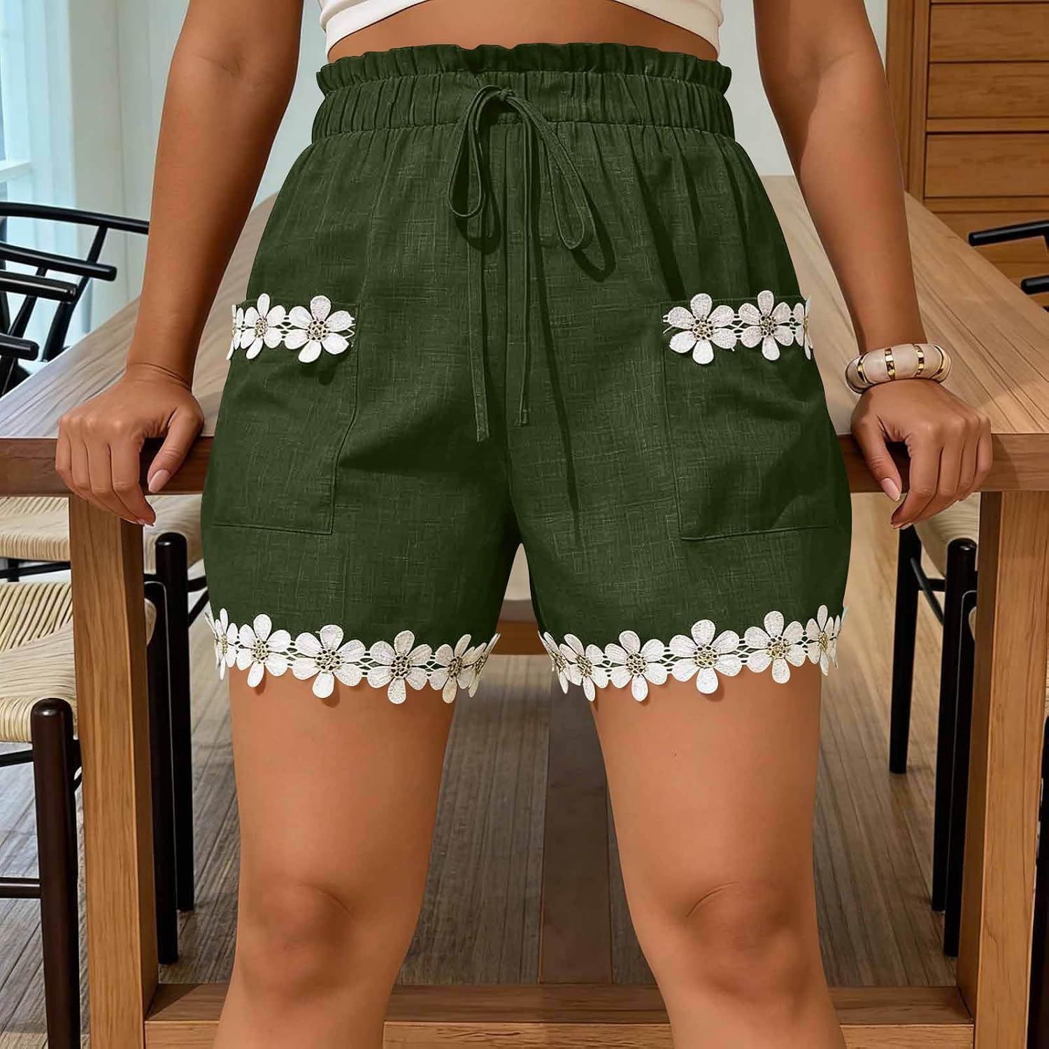 Womens Shorts Casual Summer High Waisted Flower Embroidery Drawstring Wide Leg Shorts Beach Vacation Clothes
