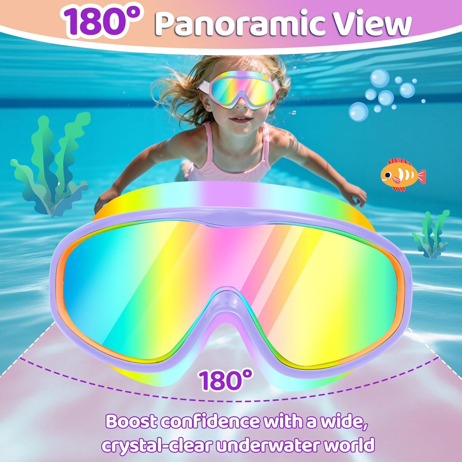 Vvinca Kids Swim Goggles 2 Pack, Cartoon Comfort Fabric Strap No Hair Pulling Anti-Fog/UV Swimming Goggles for 3-12