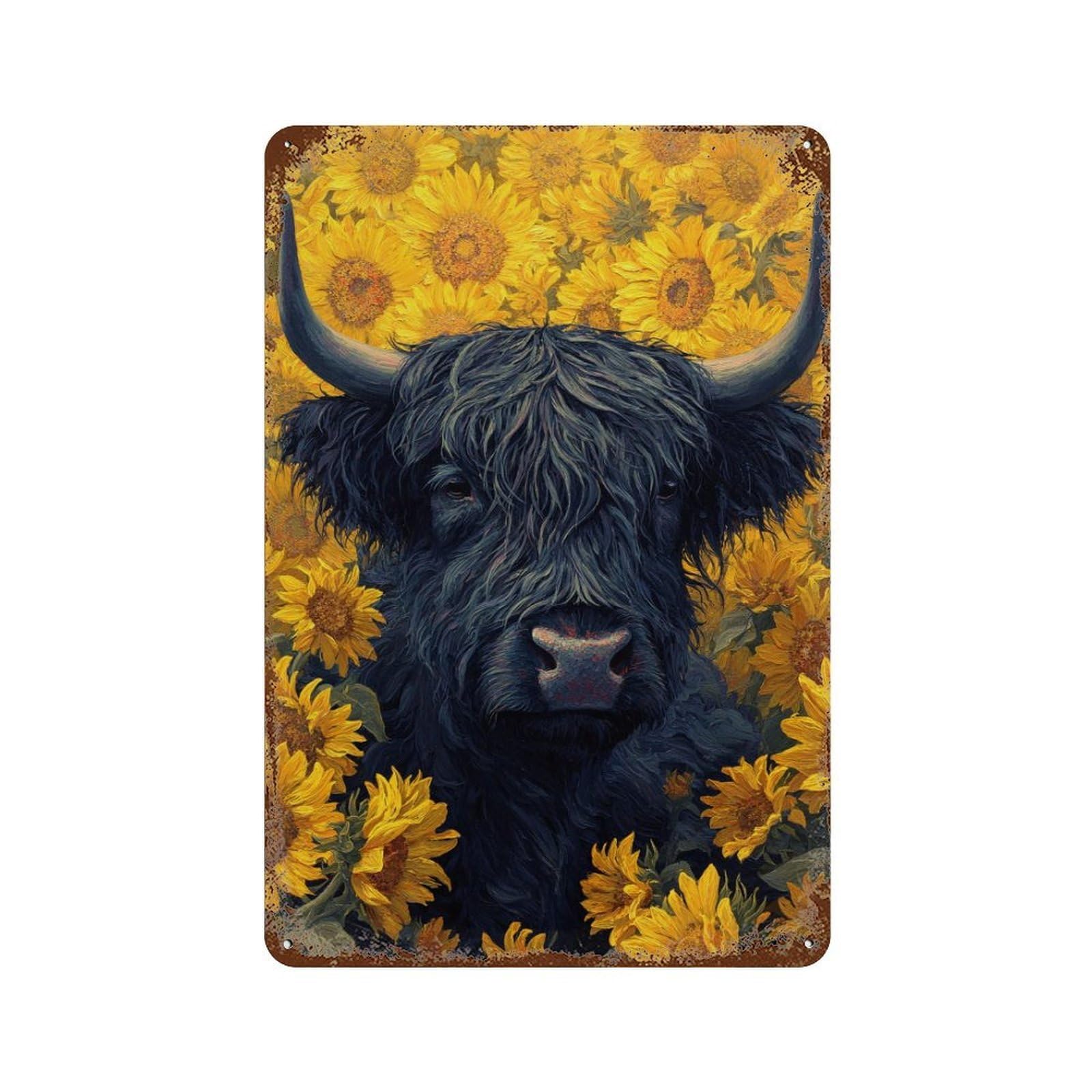 Highland Cow Sunflower Field 11.8"x7.9" Distressed Metal Wall Sign, Industrial Home Decor for Patio, Garden Room And Bar Decor
