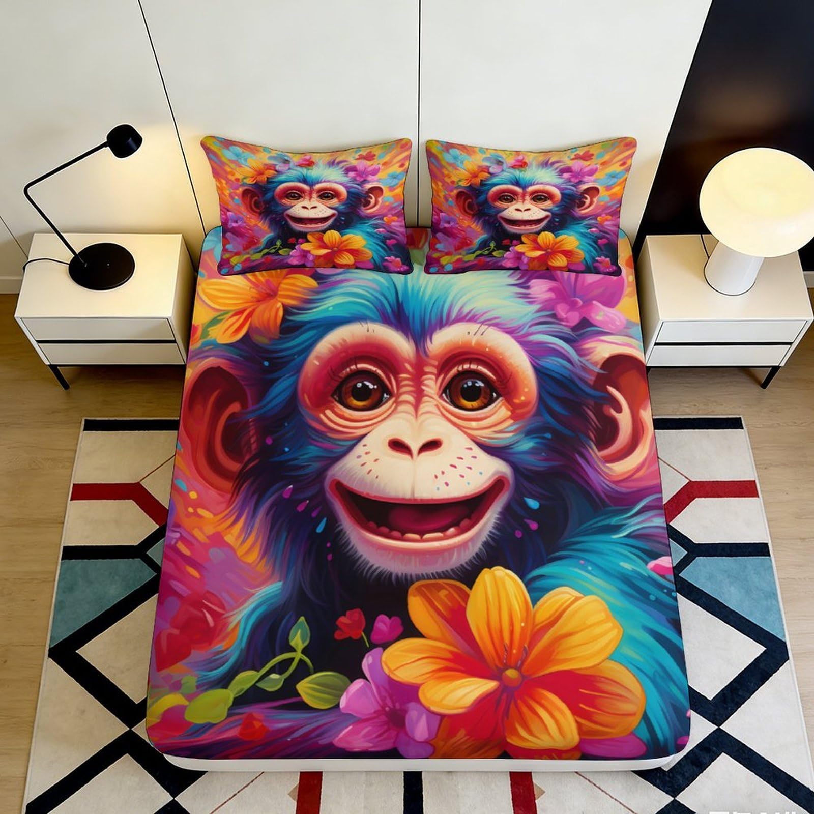 Vibrant Decor 3D Printed Fitted Sheet Monkey Art Design, Microfiber Soft Touch, Guest Room Bedding, Wrinkle Resistant, Easy to Remove 160x200x25cm