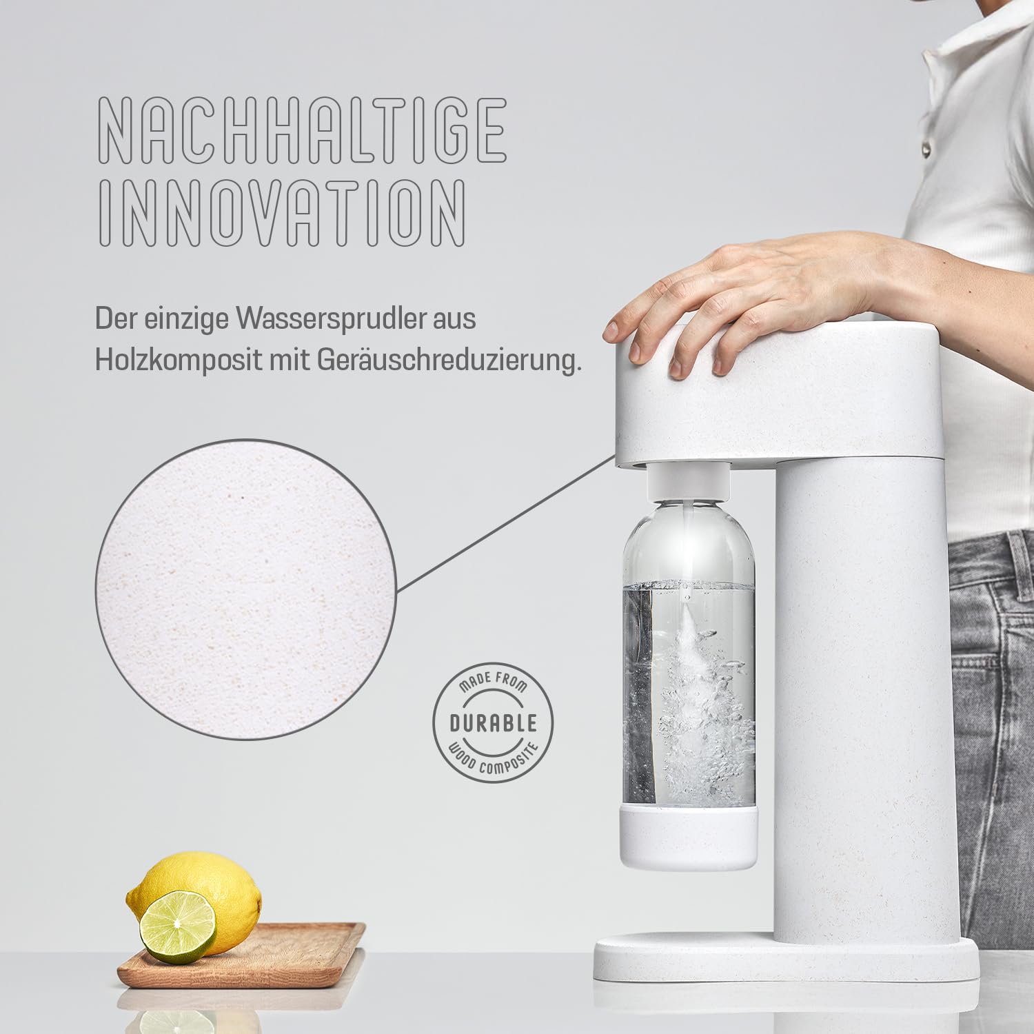 Mysoda: Woody Wassersprudler aus erneuerbarem Holzkomposit mit 1L Quick-Lock BPA-freier Plastikflasche (ohne CO2-Zylinder) - Weiß