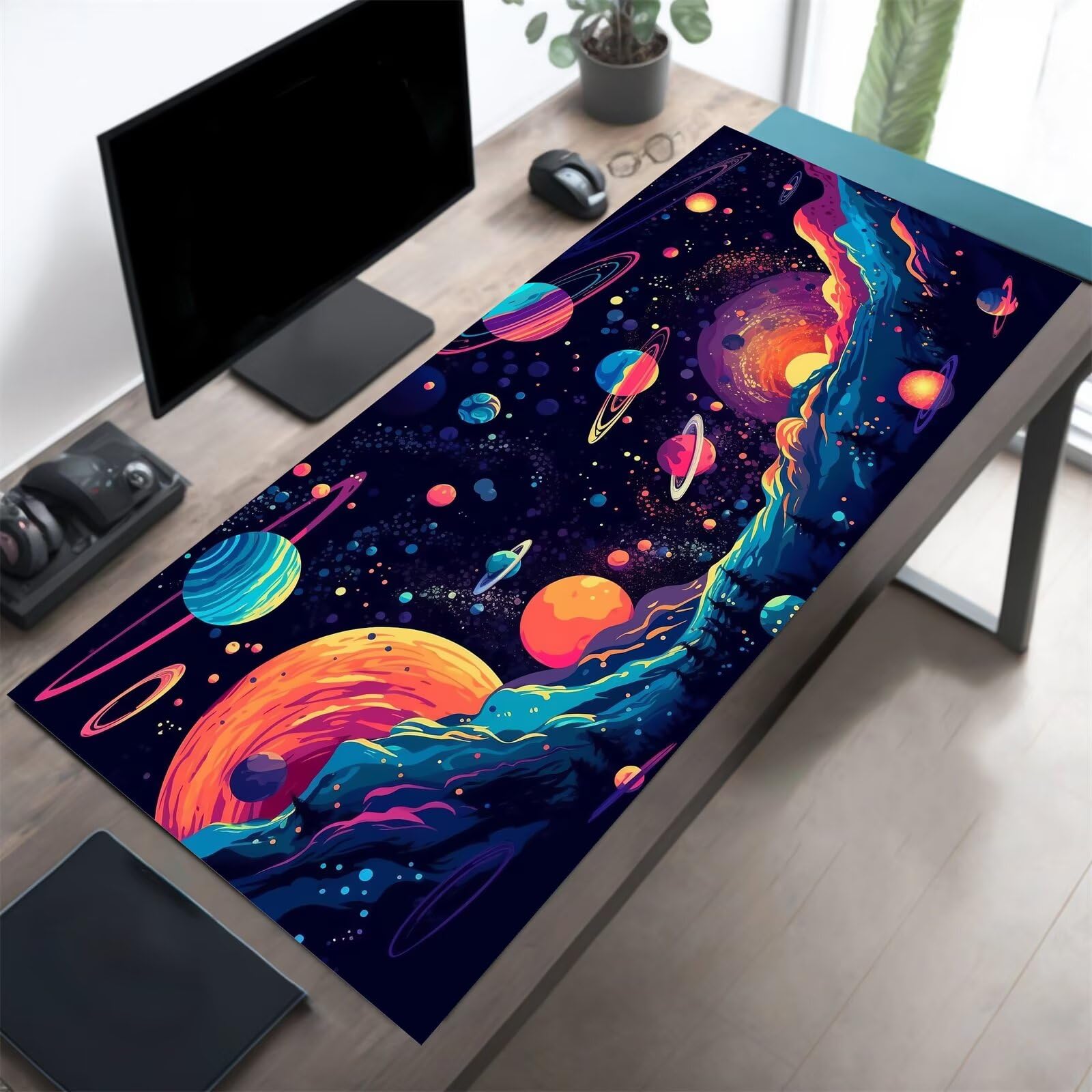 Tappetino Mouse Gaming XXL Spazio Cartoni Animati, Base Antiscivolo Bordi Cuciti per Lavoro e Gaming Ufficio, Dimensioni 1000x500x3 mm