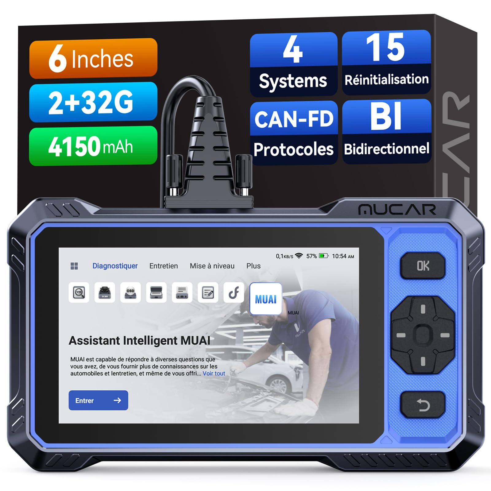mucar 632 Intelligent Diagnostic by AI Car Diagnostic Case, Bidirectional Active Tests, 4 ABS SRS Transmission Engine Systems, 15 Oil/Brake Resets/SAS/DPF etc. Free Update