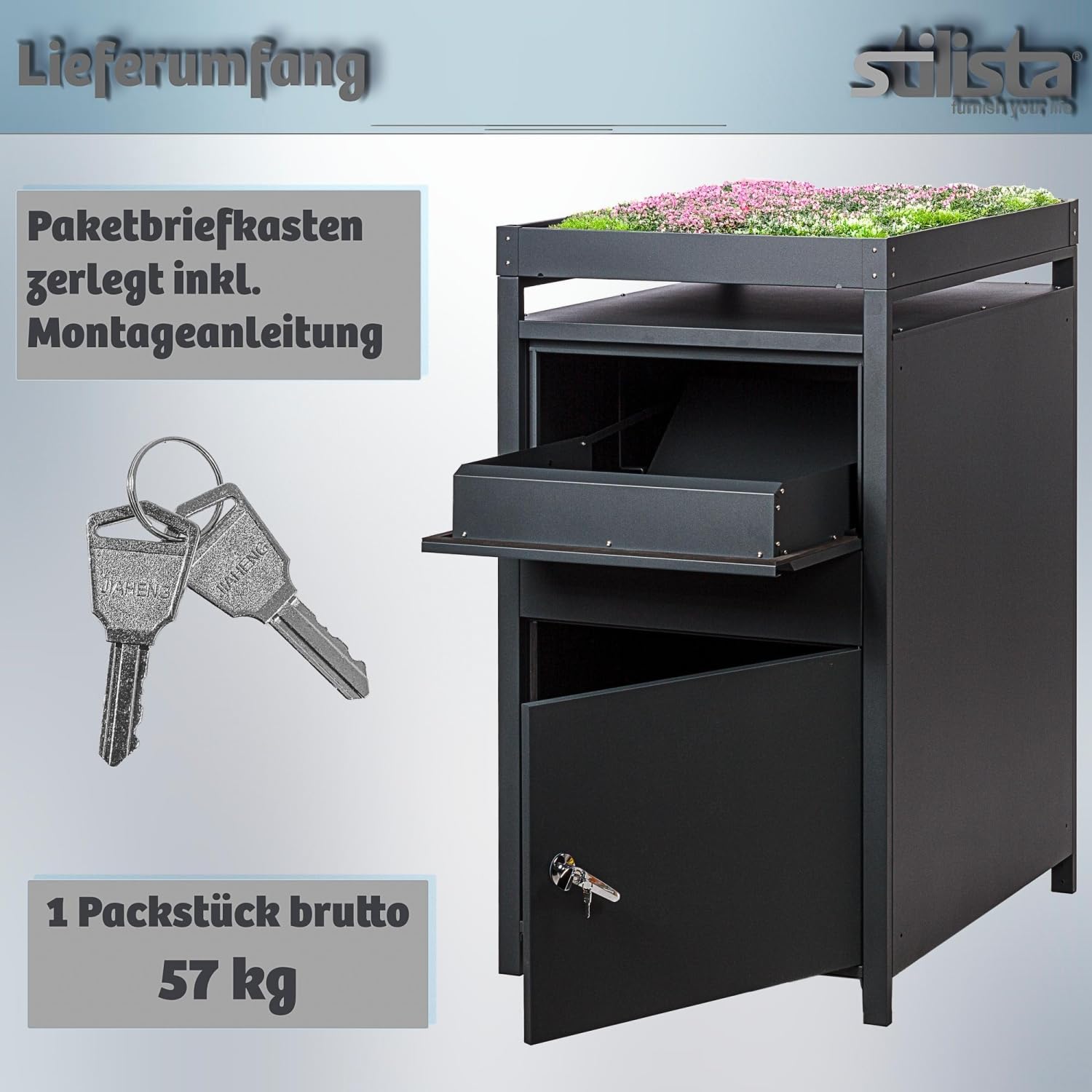STILISTA Mülltonnenverkleidung mit Paketkasten und Pflanzdach, je 240 Liter, Anthrazit (Paketkasten)