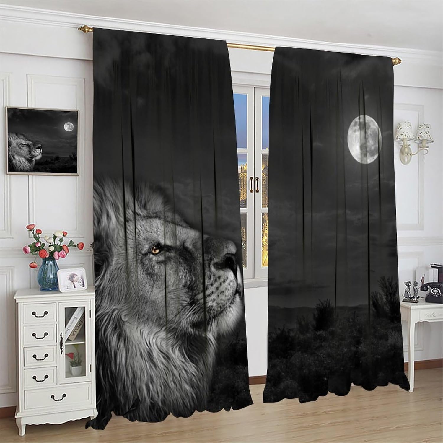 Lion Curtains for Bedroom,Black and White Lions Window Treatments for Living Room Kitchen Nightscape Moon Art Printed Polyester Fabric Drapes 2 Panels Set,Total Size 42 x 63 Inch