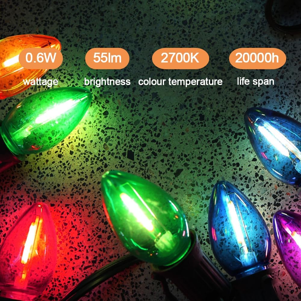 NETEHA 25 Pack C7 Multicolor Led Replacement Christmas Light Bulb, C7 E12 Base 120V Waterproof Led Bulbs for Christmas Outdoor String Lights, Halloween Decoration Bulb