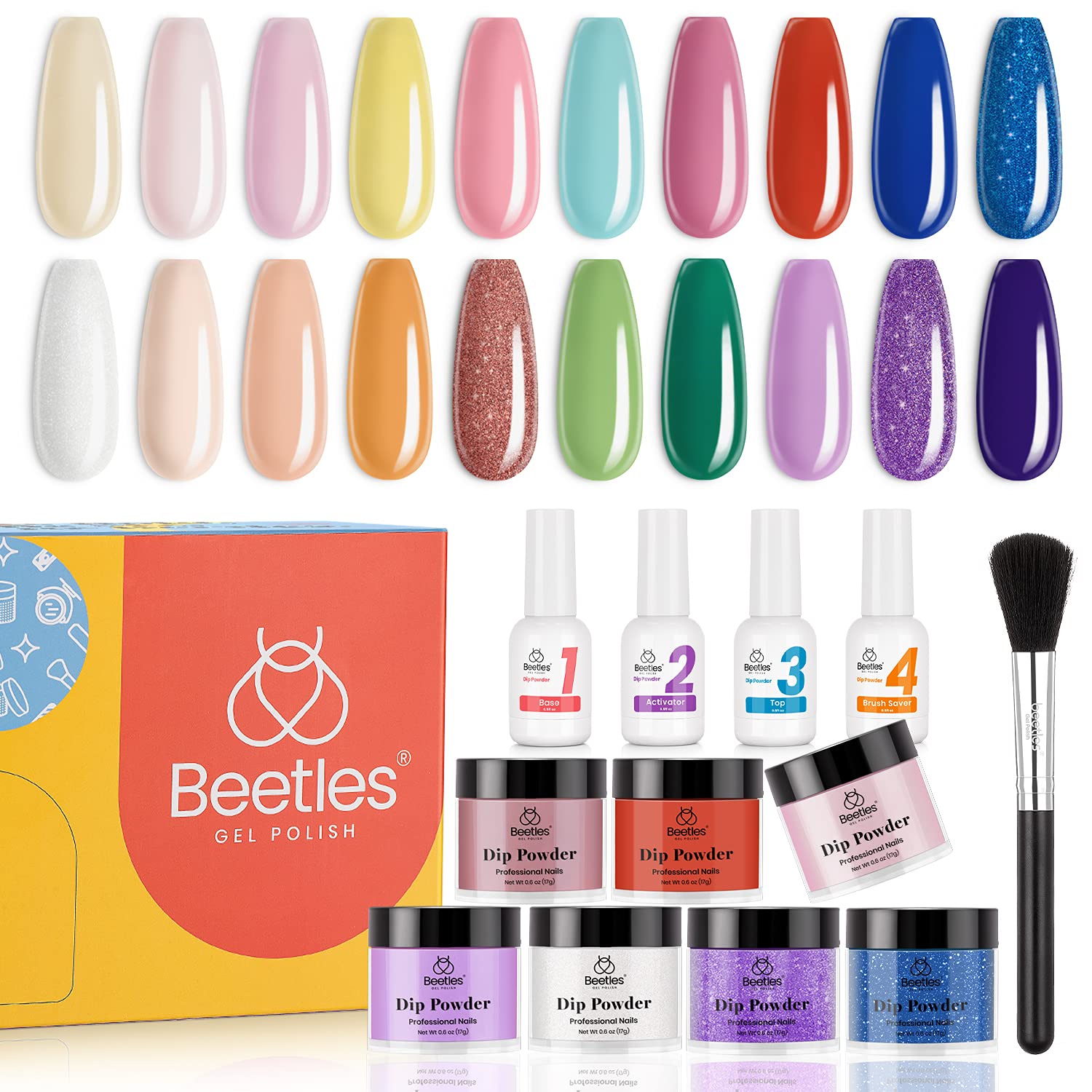Beetles Dip Powder Nail Kit Starter, 20 Colors Pastel Pink Yellow Blue Red Glitter Dipping Powder Set for DIY Salon Nail Art Manicure with Base Top Coat Activator Brush Saver Mother's Day Gift for Women