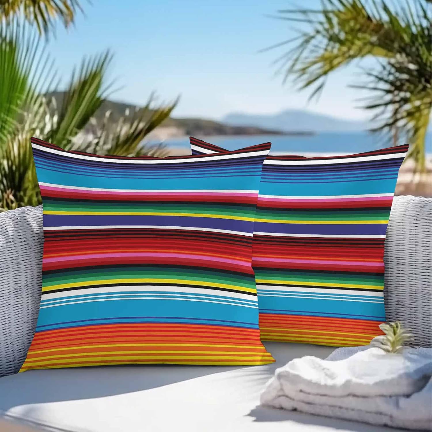 Outdoor Pillow Covers Waterproof, Blue Yellow Stripes All Weather Cushion Case Set of 2, Colorful Mexican Decorative Pillowcases for Sofa Couch Bed Decor Patio Furniture 26"x26"