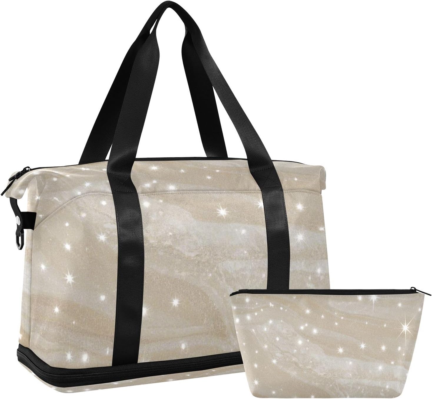 Fake Glitter Marble White Sports Tote Gym Bag Weekender Bag with Adjustable Strap for Gym 2 Pcs Set